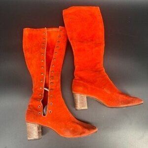 Vintage 60s Go Go Orange Side Lace Up Boots 7 - 7.5 Women's Suede